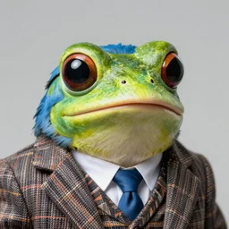 hyper realistic close up portrait of a cute anthropomorphic derpy stupid looking froggy bluejay hybrid, wearing a tweed suit painted by greg rutkowski, artgerm, vfx, masterpiece, 4 k, 8 k