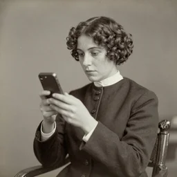 Woman in 1910 using an iPhone, daguerreotype photo, HD