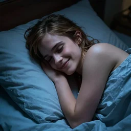 emma watson waiting for you in bed at night while smiling shyly, messy hair bedhead, very sleepy and shy, bare shoulders, comforting, covered by little blue nighty, dim cool lighting