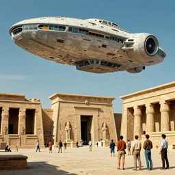 huge spaceship landing in front of an ancient egyptian temple by martin deschambault, dean ellis, peter elson, chris foss, josan gonzalez, david a hardy, john harris, wadim kashin, angus mckie, bruce pennington, retro 1 9 6 0 s sci - fi art