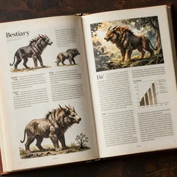 page scan of bestiary book, diagrams showing fantasy beast, insanely detailed, informative texts and graphs