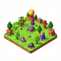 isometric view of the whole of a small colony on a strange wild planet, from a space themed Lucasarts graphic adventure game made in 1998