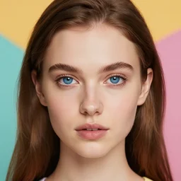 the most beautiful woman in the world. blue eyes. small mouth. small nose. smooth skin. brown hair. s on a colorful background.