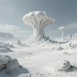a beautiful white landscape with alien life, cinematic