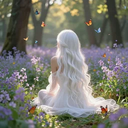 looking from behind the back at a very detailed, high definition, highly realistic, dreamy, thoughtful, fabulous, faceless, most beatiful princess with long, white hair wearing a translucent, white negligee sitting in a meadow of purple flowers in a thickly vegetated forest in a wonderful heavenly world, surrounded by colorful butterflies, dreamlike light incidence, golden light shining on her, during a colorful sunraise, photorealistic style, award winning picture