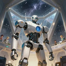 robotic laboratory with giant triangular walls and glass ceilings showing the stars and storm, light dust, magnificent, close up, details, sharp focus, elegant, highly detailed, illustration, by Jordan Grimmer and greg rutkowski and PiNe(パイネ) and 薯子Imoko and 香川悠作 and wlop and maya takamura, intricate, beautiful, Trending artstation, pixiv, digital Art