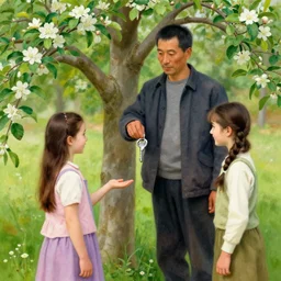 a man stands by an apple tree. a girl offers him a silver key. socialist realism