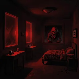 dark rooms at midnight, pitch black, red light, mirrors and glass, cassette futurism, cosmic horror, monster under my bed, atmospheric haze, film. illustration by edward hopper, norman rockwell. film still, 1 6 mm cinematography