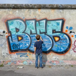 a contemporary painting of a boy painting a graffiti in front of a large wall by neo rauch