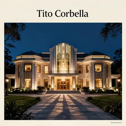 1920s art deco by Tito Corbella, a massive mansion lights up the night by James Gatsby, vintage postcard