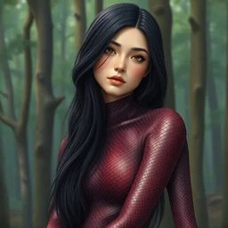 girl with long black hair in burgundy python snake skin bodysuit in forest biome. highly detailed, digital painting, watercolor, soviet realism, engraving, artstation, concept art, smooth, sharp focus, vivid grunge, manga, illustration, unreal engine 5, 8 k, art by bilibin and kilian eng and kuvshinov and malevich and mucha