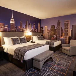 photography of theme park hotel room themed to retro new york city motif. bed has new york city blankets. wall has new york city pattern. furniture has new york city motif. furniture is shaped like new york city. carpet has new york city subway map design. lighting has retro new york