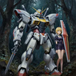 a highly detailed painting of a mecha in a dark forest by android jones, paul lehr, darling in the franxx, trending on artstation, 4 k, 8 k, highly detailed, sharp, oil on canvas