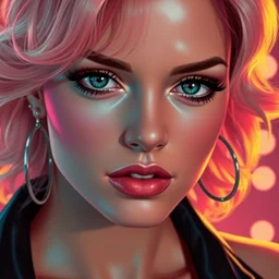 closeup portrait of pinup synthwave 8 0 s gorgeous confident pamela anderson, babs tarr, aly fell, varga, loish, rhads, beeple, gta v, makoto shinkai, lois van baarle, frank miller, ilya kuvshinov, rossdraws, tom bagshaw, digital art, greg rutkowski,