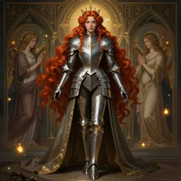symmetry full body of redhead princess, glam, cleric wearing armor plate, fireflies, crypt background, intricate, elegant, highly detailed, digital painting, artstation, concept art, smooth, sharp focus, illustration, art by artgerm and greg rutkowski and fra angelico and alphons mucha