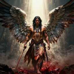 an indigenous warrior with angelic wings, by tsuyoshi nagano, by greg rutkowski, dramatic lighting, blood, god rays, angelical, symmetrical, intricate, detailed, cinematic, masterpiece