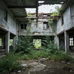 Inside an abandoned building with plants, overcast