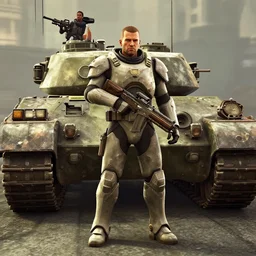 armor plated trooper carrying plasma rifle, standing in front of walking battle tank, gta v, stephen bliss, unreal engine, fantasy art, greg rutkowski, loish, rhads, ferdinand knab, makoto shinkai, lois van baarle, ilya kuvshinov, rossdraws, tom bagshaw, global illumination, radiant light, detailed and intricate