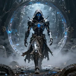 character and environment design, ( ( biomechanical ) ) arcanist walking through a magic portal to another time tattered!!! robe and hood, blue light, fog, scary, arrogant, hostile, photorealistic, cinematic, hyper realistic, octane render, 8 k, wide angle