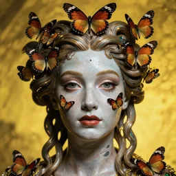 hyperrealistic hyper detailed neo-surreal 35mm portrait of rococo cyborg medusa with 3 eyes symmetrical covered in butterflies matte painting concept art hannah yata dali very dramatic yellow lighting low angle hd 8k sharp shallow depth of field