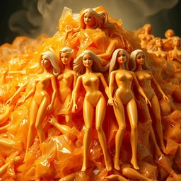 realistic photo of a hot organic mass of barbie bodies melted into a plastic mass