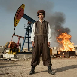 fashion editorial in Kuwait oil fields fire. 1991. wide angle shot. highly detailed. depth of field. high definition. 8k. photography.