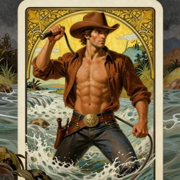 a dramatic, epic art deco painting of a handsome brown shirtless cowboy holding a whip | background is a torrential flooding river | tarot! card, art deco, art nouveau | by Mark Maggiori | trending on artstation
