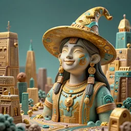 landscape city ceramic portrait happy witch cyberpunk inca in tribal regalia, an idea seep's into infinity highly detailed in volumetric latent space, golden turquoise, cinematic light, sharp focus, divine realm of gods, octane render,