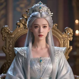 portrait of royal princess with silver white hair, intricate silk clothing, fantasy, headpiece, digital 2 d illustration, movie still, 4 k, highly detailed, octane renderer, artstation trending, cinematic lighting, throne room
