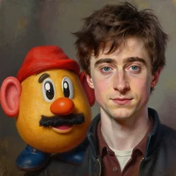 mrpotatohead mixed with daniel radcliffe, artgem, digital painting, color painting, hyperrealistic, concept art, oil painting, masterpiece, concept art, trending on deviantart, realistic and detailed face, highly detailed, high quality, 8 k, soft lighting, fancy colors, fantasy, cinematic, high coherence