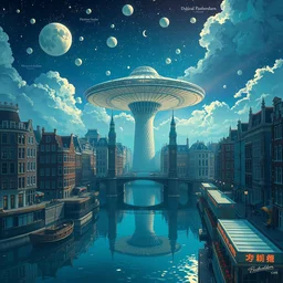 city of amsterdam, millennium falcon in the sky, natural lighting, dreamy, on magic mashroom trip, psychedelic, intricate details, matte painting, illustration, by hayao miyazaki