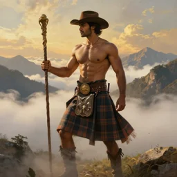 a dramatic epic beautiful ethereal painting of a handsome muscular shirtless desi cowboy in the mountains | he is wearing a plaid kilt and cowboy hat, and holding a staff | background is clouds and mountains! | dramatic lighting, golden hour, homoerotic, realistic, art nouveau | by mark maggiori and walter crane | trending on artstation