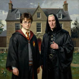 harry potter and lord voldemort standing in front of a house. painting by grant wood.