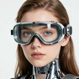 photo of young Mila Jovovich, close up, wearing large futuristic glass and metallic chrome goggles, robotic implants over neck with small led lights, white background, fine art color photography in the style of Bill Henson
