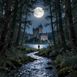 moonlit forest, river running through it, lake in the distance, castle in center, solitary figure standing in middle, trending on artstation