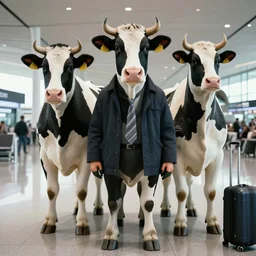 cinematic airport photo of part man part dairy cow humanoids mancow mix and cowman mix giger sorayama alex ross style at the airport trending photo portrait