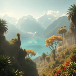 a paradise garden, a land of the dead, divine, hazy, volumetric lighting, snowy summits in the background, vast turquoise lake, lush flora, empty, spacetime bending, very detailed, serene, gold accents, washed out colors, beautiful artwork, cubism style, master level composition, raytracing