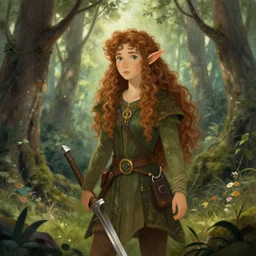 fantasy drawing of a curly haired elf in the woods