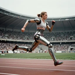 Trinity the matrix, Female sprinter in athletic attire with cyborg legs, metal body, diesel punk, athletic footage, 1960's olympics, cinematic, art deco stadium