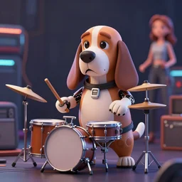 high quality 3 d render very cute cyborg basset hound plays drums!, cyberpunk highly detailed, unreal engine cinematic smooth, in the style of blade runner & pixar, hannah yata charlie immer, moody light, low angle, uhd 8 k, sharp focus