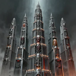 pencils of 1 1 horrifying chromed machines in tiers, all mainframe 1 9 stories, by wayne d barlowe, boris vallejo, geof darrow, stefano tamburini, torch light, muted colors, epic, hyper detailed, awe inspiring, award winning horror, hyper realism, cinematic