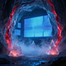 translucent pyramids inside an ice cavern, red watercooling coolant flowing through the walls, led screen exposure, dark scene illuminated by screens, blue light filter, spy kids aesthetic, octane render, ray tracing, specular highlighting, volumetric fog, trending on artstation, 6 k, wallpaper