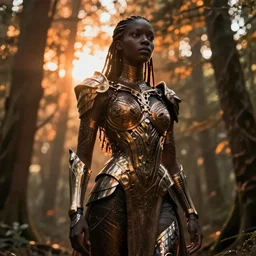 hyperrealistic long shot mithra gorgeous black woman intricate exoskeleton armor in a forest sun behind her concept art eric zener elson peter cinematic orange light low angle hd 8k sharp rack focus