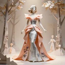 sculpture of a beautiful young female super model resembling famous drag queen rupaul charles made out of origami paper and ceramic wearing a peach tissue paper and silver geometric gown by marc jacobs, paper graffiti, trees made out of origami, ethereal, fantasy, lawrence alma tadema, james jean, oozium, peter morbacher, angelarium, alchemy, luxury, heavenly light, soft illumination, cinematic lighting, very detailed, 3 d octane render, artgerm, trending on artstation, cgi society