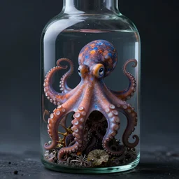 a multicolored detailed octopus inside a glass bottle, smokey water, photoreal, dramatic moody lighting, atmosphere, octane render