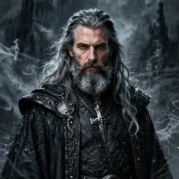 portrait karl urban as male warlock, storm, rain, ghost, long hair, beard, moustache, d&d, intricate, elegant, highly detailed, digital painting, artstation, concept art, smooth, sharp focus, illustration, daren bader, aleksi briclot, rutkowski, bouguereau