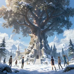 giant tree in snow with a castle, unreal engine, fantasy art by greg rutkowski, loish, rhads, ferdinand knab, makoto shinkai and lois van baarle, ilya kuvshinov, rossdraws, tom bagshaw, global illumination, radiant light, detailed and intricate environment