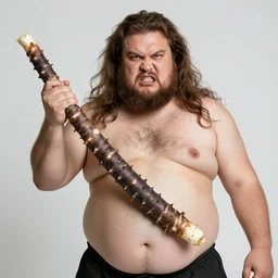 a photo of a very hairy and angry very fat man with long hair holding a 1 m long yam