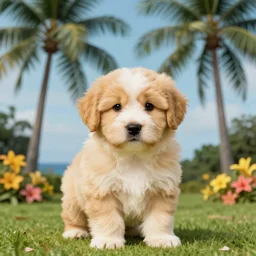 portrait of an adorable hawaiian puppy, palm trees, flowers by Rene Magritte