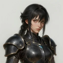 Masterpiece head and shoulder portrait of Samus Aran with partial armor, huge shoulder pads, dark fantasy, medium shot, intricate, elegant, highly detailed, digital painting, volumetric light, artstation, concept art, smooth, sharp focus, illustration, art by Gil Elvgren and Greg Rutkowski and Alphonse Mucha
